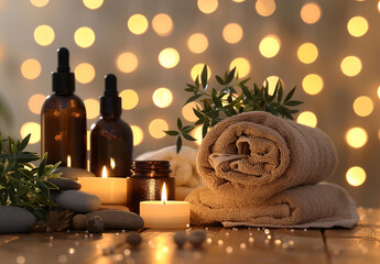 Wall Mural - Beautiful composition with different spa products on table against blurred lights, closeup