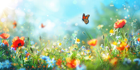 Wall Mural - Beautiful spring background with green grass, blue sky and colorful wildflowers in the meadow