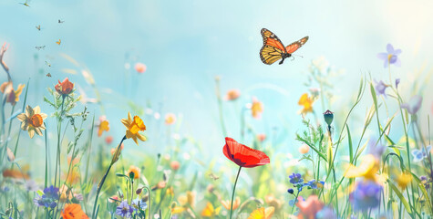 Wall Mural - Beautiful spring background with green grass, blue sky and colorful wildflowers in the meadow