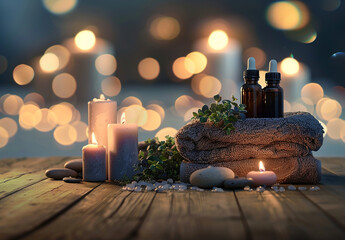 Wall Mural - Beautiful composition with different spa products on table against blurred lights, closeup