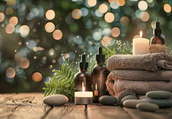 Wall Mural - Beautiful composition with different spa products on table against blurred lights, closeup