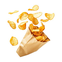 Poster - Bag Of Chips With Floating Chips On Transparent Png Background For Fun Snack Food Advertisements . Generative ai