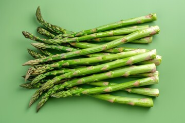 Wall Mural - Fresh asparagus arranged on a green surface, great for food or wellness images