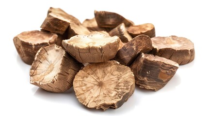 Raw organic eddoe or taro corms cross cuts isolated on white background