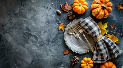 Serving for Thanksgiving dinner with napkin, cutlery and pumpkins top view