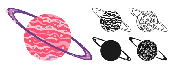 Wall Mural - Fantasy Planet with ring cartoon set for children. Fantastic cosmos sign icon linear design. Abstract fantastic doodle galaxy comic kids planet symbol. Astronomical vector space sphere for website app