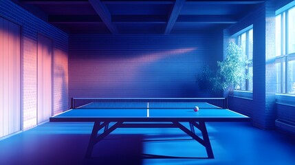 Table tennis or ping pong sport game hobby play room interior with blue table with a net and a ball. Championship competition match indoor, professional leisure recreation activity, club poster