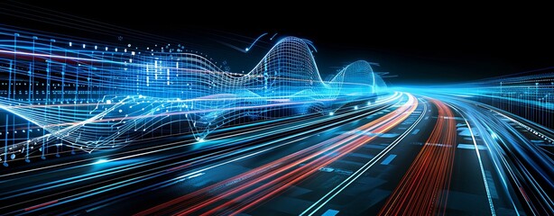 Wall Mural - close-up of an abstract highway scene with 3d music waves and digital noise, rich gradients, more cl