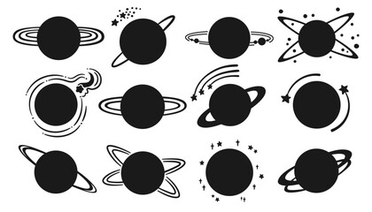 Wall Mural - Planets fantasy cartoon silhouette set. Abstract galaxy shape planets. Fantastic cosmos, collection celestial space contour spheres shadow planets art. Vector comic design isolated illustration