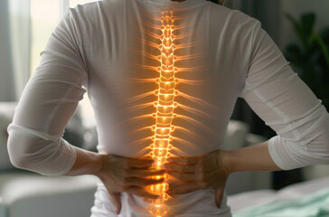 Wall Mural - Woman with back pain, glowing spine on white t-shirt at home in the living room, closeup view of woman holding her lower back to give treatment for vertebral osteomorosis concept