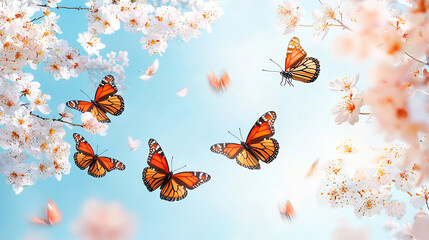 Wall Mural - Spring background with butterflies flying and cherry blossoms blooming on light blue sky