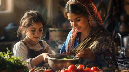 Happy Asian mother teaching daughter to make food in the kitchen