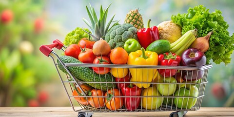 Wall Mural - A colorful and bountiful harvest of fruits and vegetables in a shopping cart, rainbow, fruits, vegetables, organic, fresh