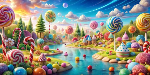 colorful and whimsical landscape featuring candy canes, lollipops, gumdrops, and chocolate rivers, f