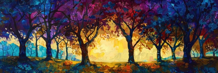 Sticker - Sunlight Filtering Through Canopy of Trees in Meadow at Sunrise or Sunset Vibrant Sky and Silhouetted Trees Creating Dramatic Landscape