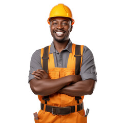 Happy African American Construction Worker In Orange Uniform Isolated On Transparent Background