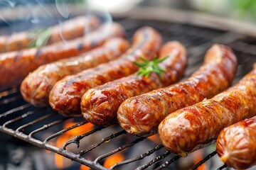 Sizzling hot sausages being cooked on an outdoor grill, great for summer BBQs or picnics