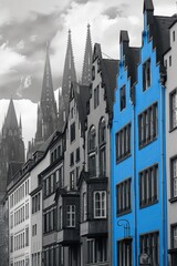 Wall Mural - A classic black and white photo of a row of old buildings with a simple description