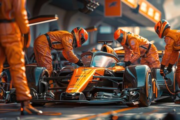 Wall Mural - A team of mechanics in the garage, tuning and repairing a high-performance racing car