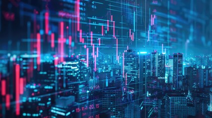 Stock and forex trade chart, digits, numbers, bearish and bullish candles. City downtown financial skyscraper background