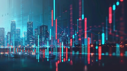 Stock and forex trade chart, digits, numbers, bearish and bullish candles. City downtown financial skyscraper background