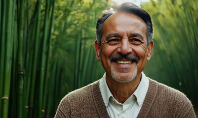 Poster - Medium shot portrait video of a satisfied man in his 40s that is wearing a chic cardigan against a bamboo forest background