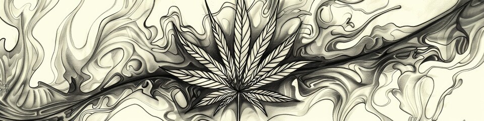 Artistic pencil sketch of doodle style cannabis leaf with climbing monsters