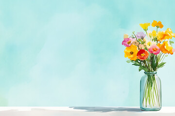 Wall Mural - A vase of flowers sits on a table in front of a blue wall