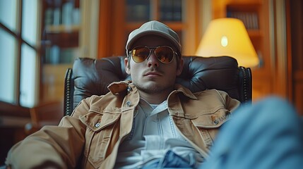 Wall Mural - A man wearing sunglasses and a hat is sitting in a chair