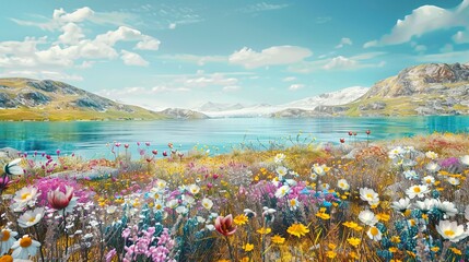 Sailing in the polar sea, the shore is full of colorful flowers. Oil painting style
