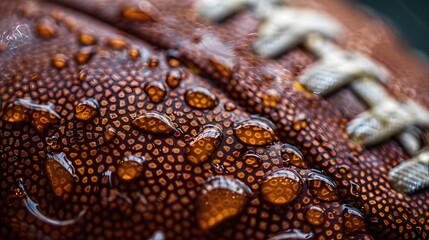 Close-up of water droplets on a football surface.