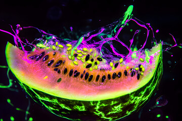 Wall Mural - Abstract neon melon with seeds isolated on black background.