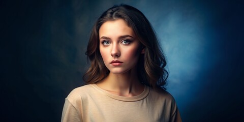 Close-up portrait of a youthful woman with a introspective expression, wearing a soft beige pastel tee, set against a dramatic dark blue background.