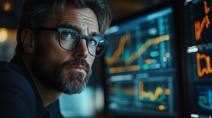 Man wearing glasses looks at screen with data. Generative AI