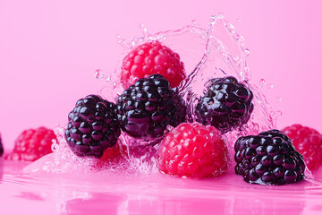 Wall Mural - Studio shot of fresh blackberries and raspberries being splashed with water on a pink background