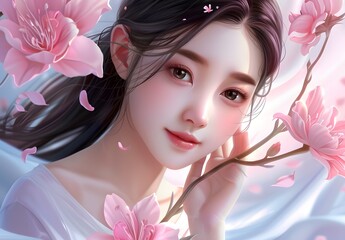 Wall Mural - Dreamy Portrait of a Woman with Pink Flowers