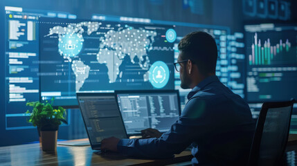 Wall Mural - Man working on multiple computer screens, analyzing global data and statistics in a high-tech office environment.