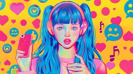 Wall Mural - Colorful Girl With Smartphone and Headphones in a Pop Art Style