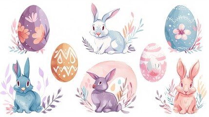 Wall Mural - Colorful collection with easter rabbit and easter eggs.