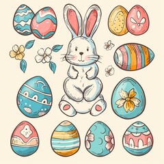 Wall Mural - Colorful collection with easter rabbit and easter eggs.