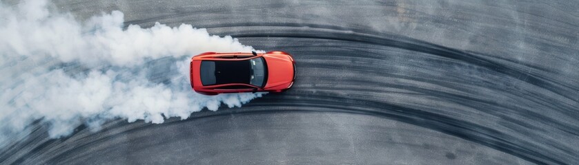 A dynamic aerial view of a red car performing a drift, creating tire smoke on a polished asphalt surface.