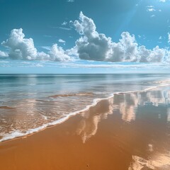 Wall Mural - A serene beach with golden sand beneath a bright blue sky, soft white clouds hanging overhead, and no waves in the calm ocean.