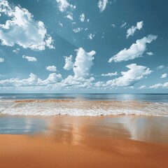 Wall Mural - A serene beach with golden sand beneath a bright blue sky, soft white clouds hanging overhead, and no waves in the calm ocean.