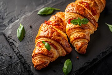 Two delicious croissants with fresh basil on a dark slate serving board.