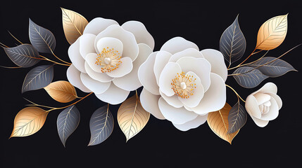 Elegant white flowers with golden leaves on black background