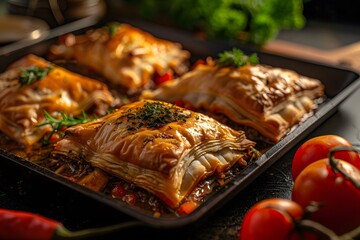 Wall Mural - Delicious golden-brown baklava with herbs and fresh tomatoes on a rustic background.