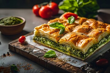 Wall Mural - Delicious layers of green spinach pastry topped with fresh basil and tomatoes.