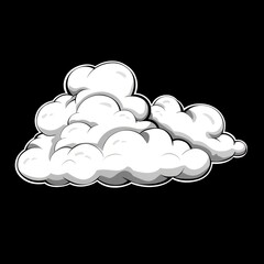 A white cartoon cloud floats on a pure black background, creating a striking contrast and playful simplicity. Ideal for minimalist designs and weather-themed visuals.