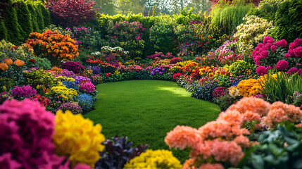 a vibrant flower garden with an array of colorful blossoms in full bloom, surrounded by lush greener