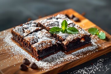 Wall Mural - Delicious chocolate brownies topped with mint leaves and powdered sugar.